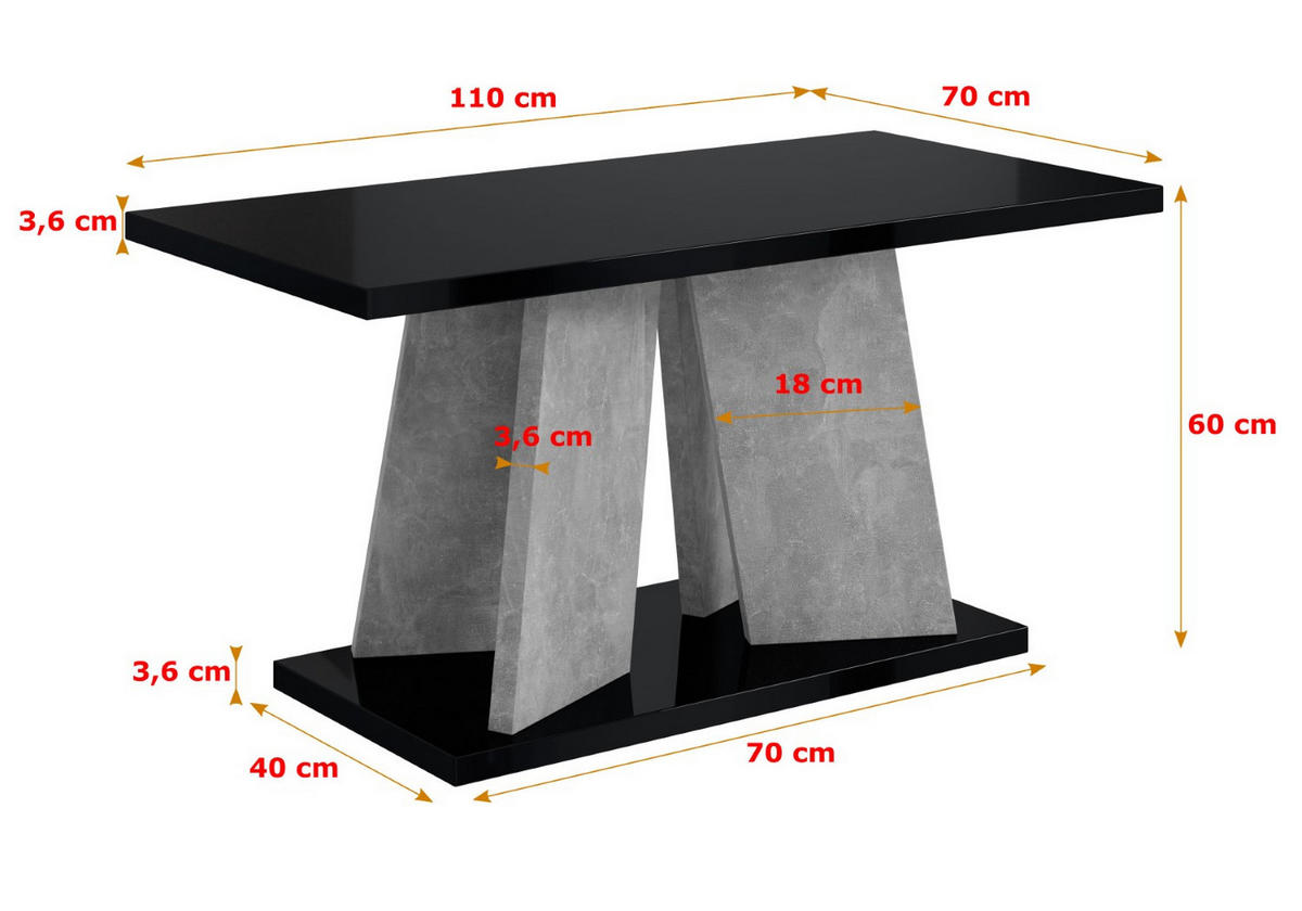 KAFFEETISCH 110x70x60 cm - Hochglanz Schwarz / Betonoptik - UFOM - Schwarz Hochglanz, Holzwerkstoff (110/70/60cm) - ALTDECOR