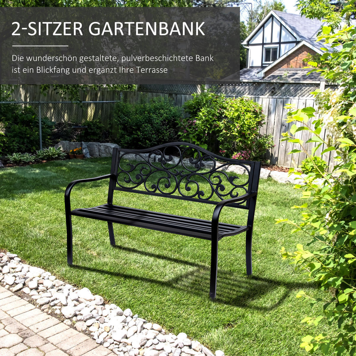 GARTENBANK, 3-Sitzer, Sitzbank, Stahlbank, mit Armlehnen, Stahl, Metall, Schwarz - Schwarz, Metall (60/89/127cm) - Outsunny