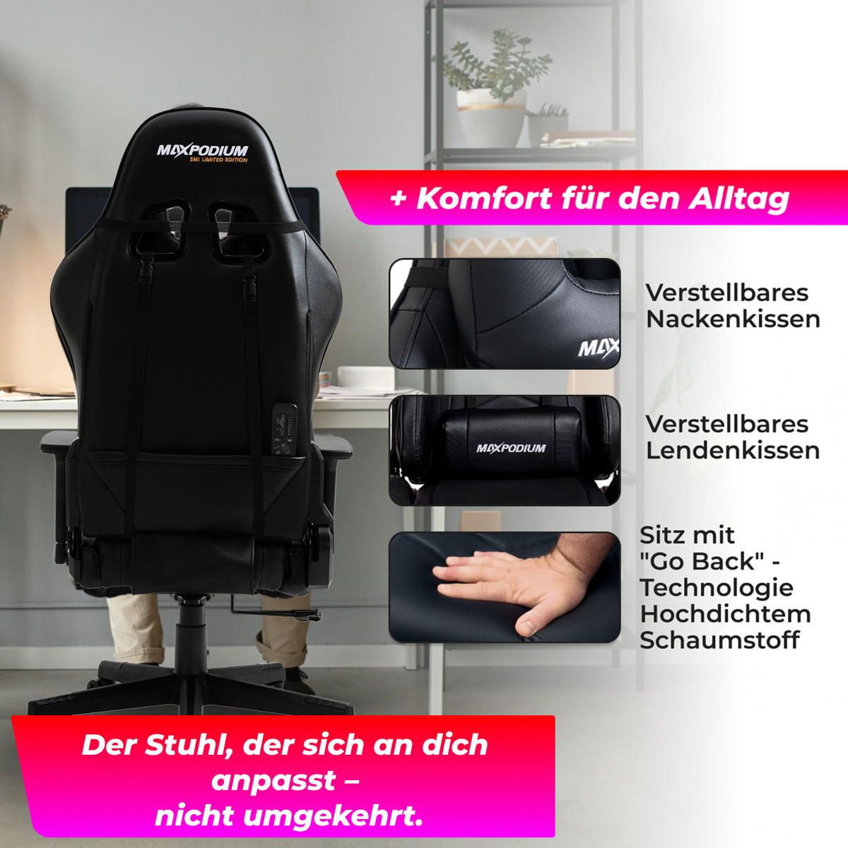 GAMING-STUHL Tactical SMI mit Massagefunktion Schwarz - Schwarz, Metall (55/137/55cm) - MaxPodium