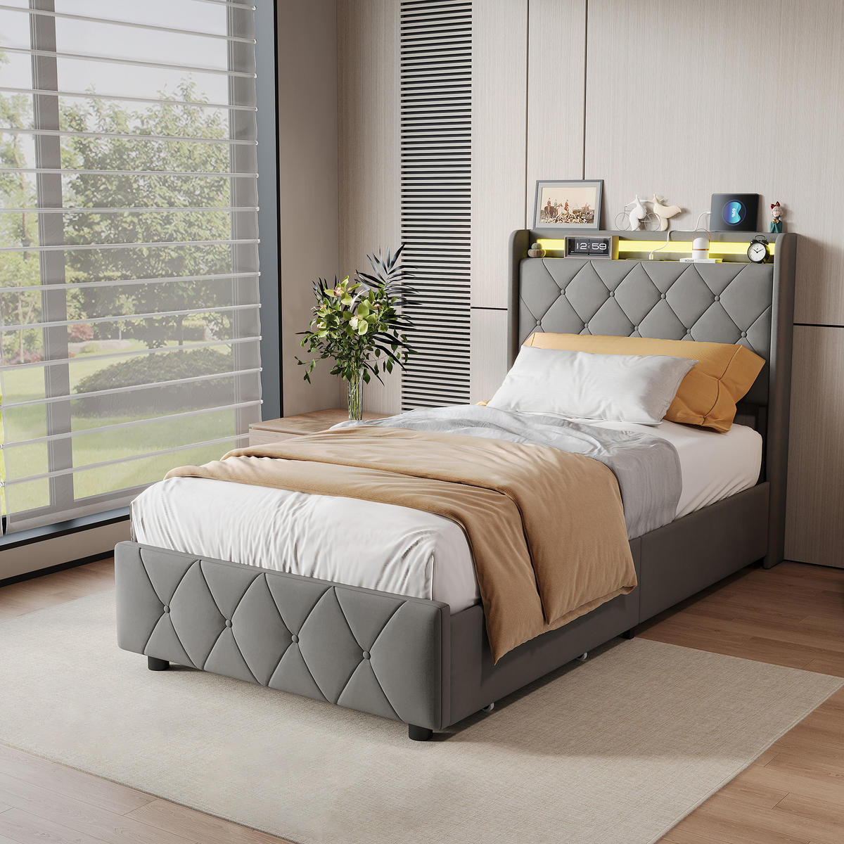 POLSTERBETT 90x200 cm mit 2 Schubladen, LED, USB & Type-C, Einzelbett Kopfteil und Lattenrost, Grau - Grau, Metall (90/200cm) - EuroLiving