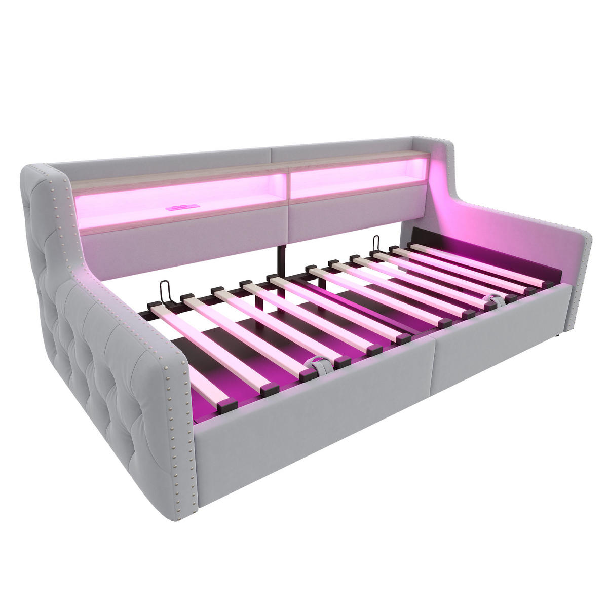 SCHLAFSOFA mit Stauraum 90x200 cm Samt Hellgrau mit LED - Hellgrau, Metall (90/200cm) - Meubliv