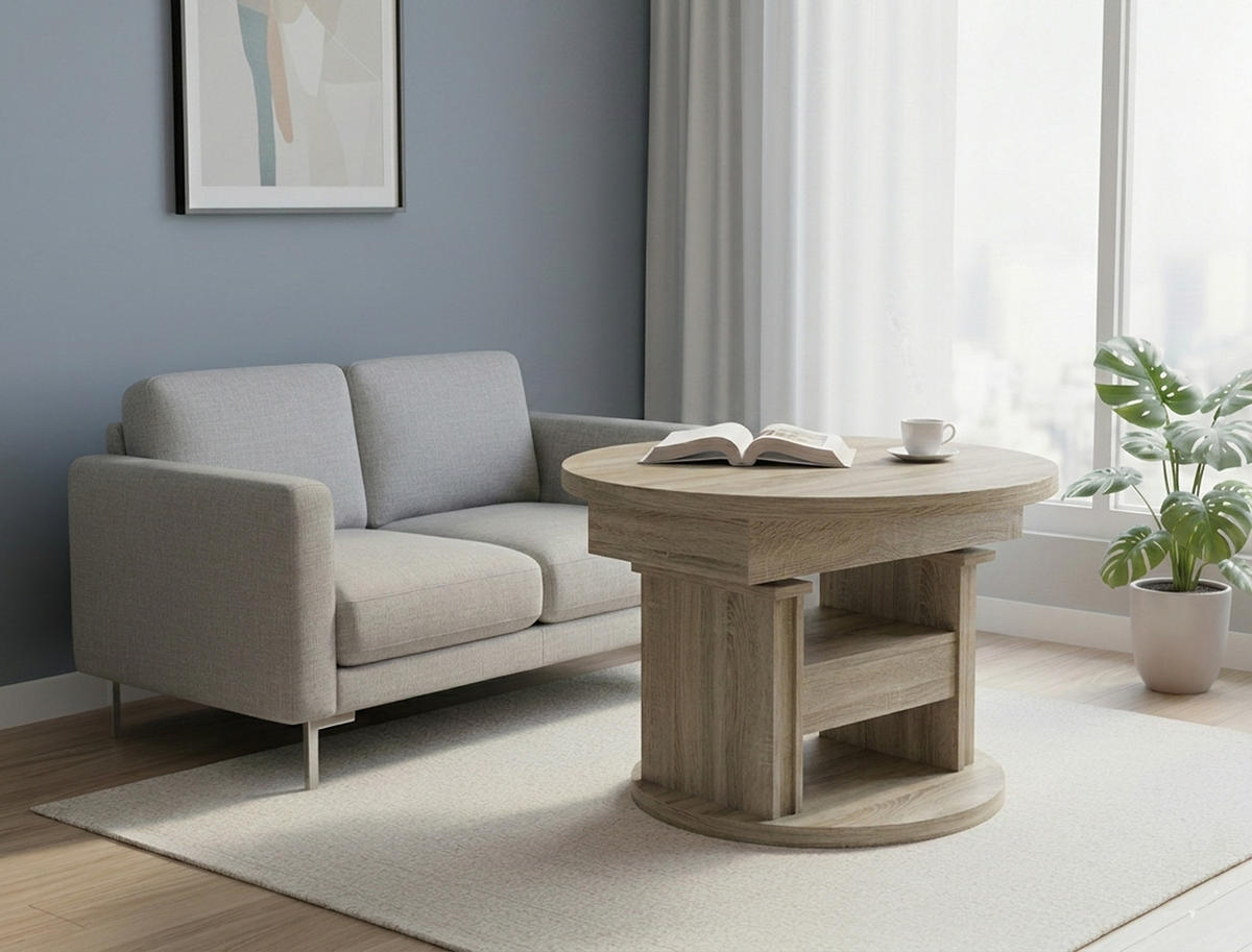 COUCHTISCH rund ausziehbar höhenverstellbar Schubalde 100/100/60 cm - Sonoma Eiche, Holzwerkstoff (100/100/60cm) - designimpex