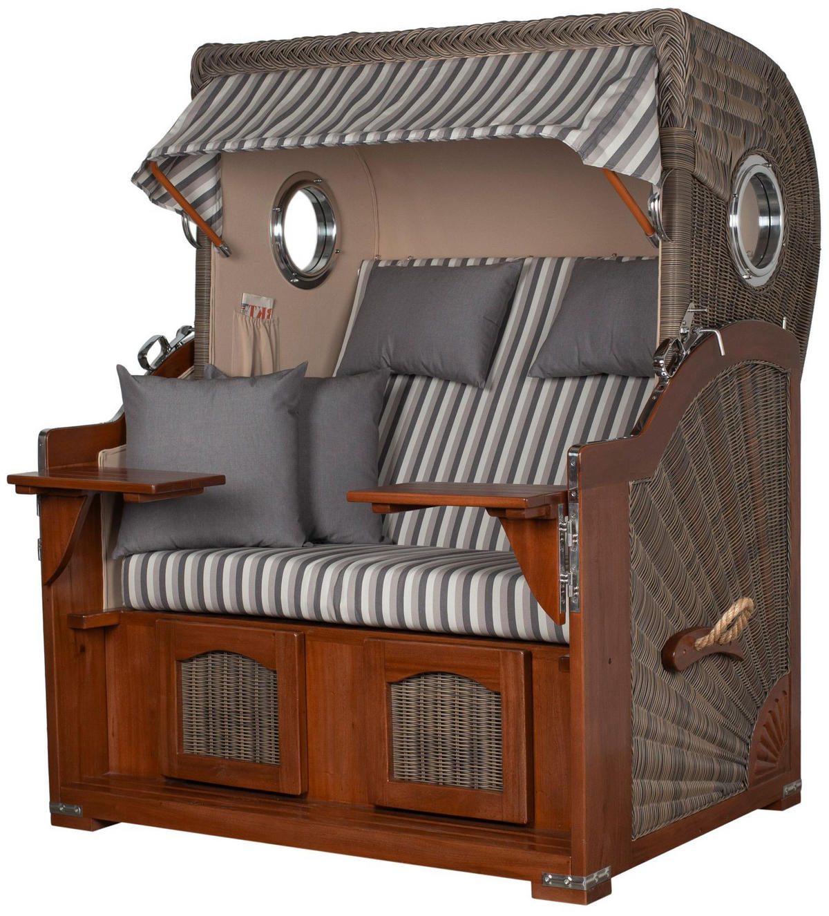 STRANDKORB Komplettset: Ammersee Mahagoni Bullauge - PE grau - Modell 545 - Grau, Holz/Kunststoff (125/165/80cm) - bene living