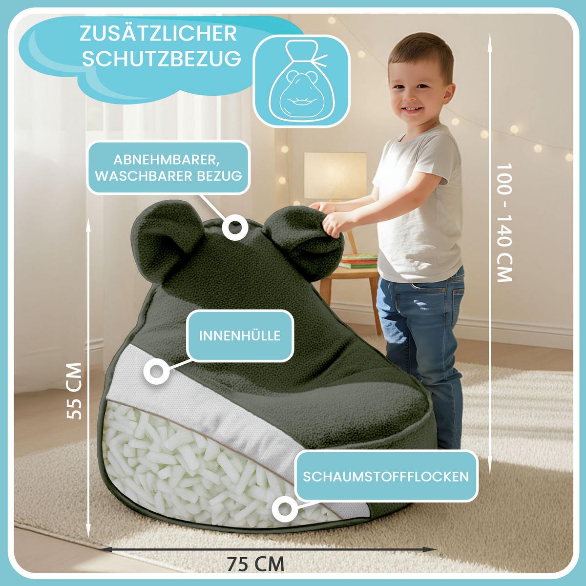 SITZSACK FÜR KINDER Maus 75/75/55 cm, weicher Bouclé 315 g/m², abnehmbarer Bezug, Forest Whisper - Dunkelgrün, Textil (75/55/75cm) - Dreamroots