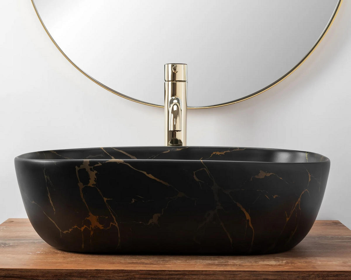 AUFSATZWASCHBECKEN BELINDA BLACK MARBLE MAT 46,5/33,5/13,5 cm - Schwarz, Keramik (46.5/13.5/33.5cm) - REA