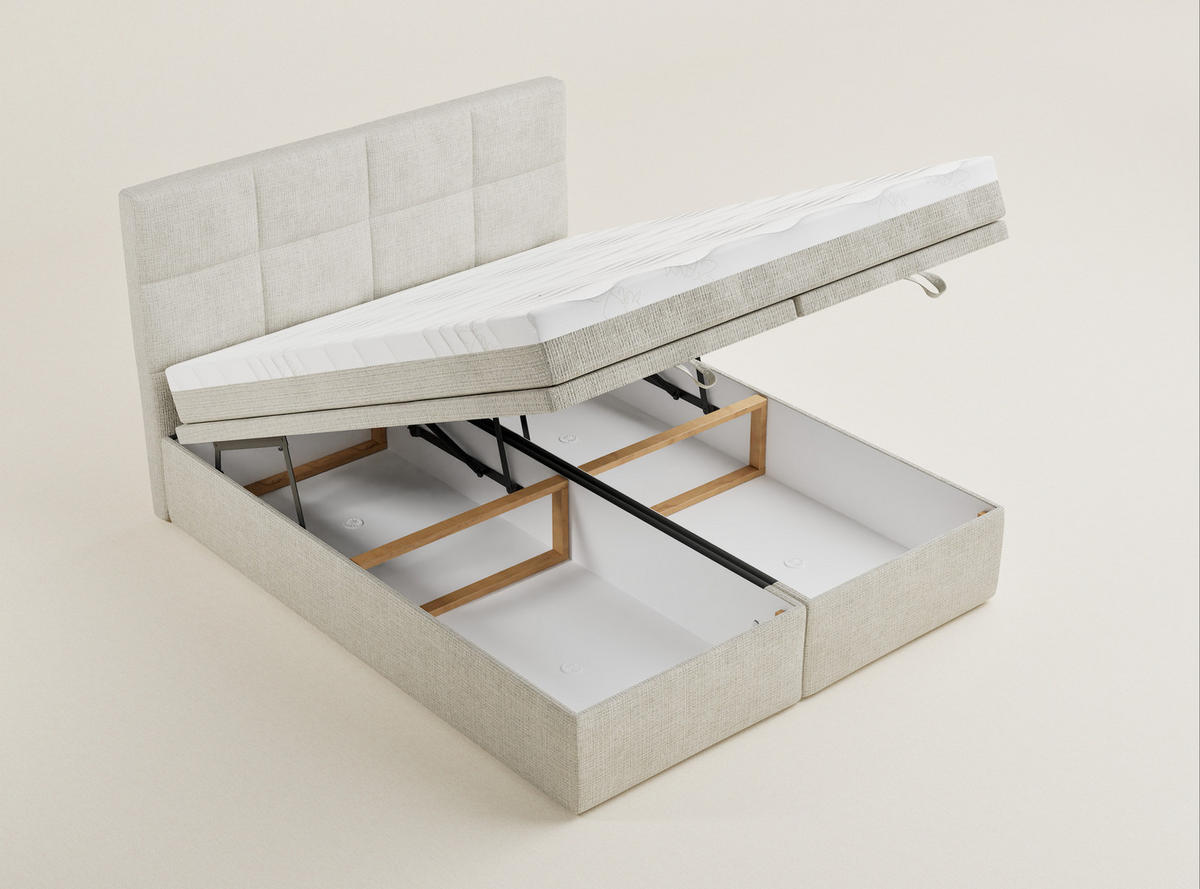 BOXBETT 140/200 cm Umage, in Beige, Matratze, gepolstertes Kopfteil, Bettkasten, H3 = fest - Beige/Schwarz, Holz/Holzwerkstoff (140/200cm) - Maison de Reve