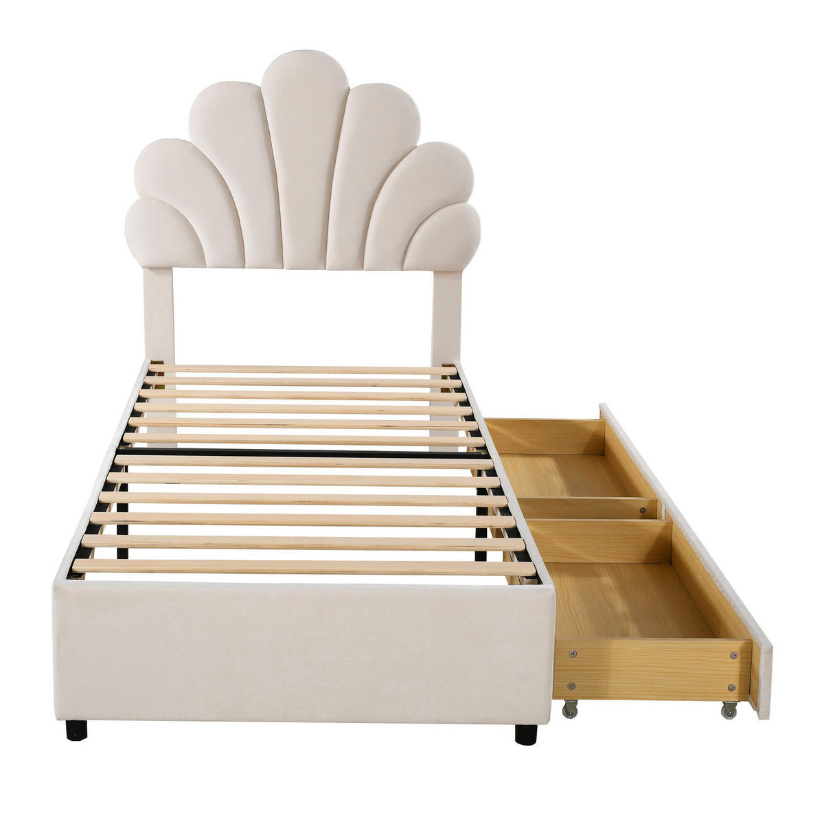 SAMT-POLSTERBETT 90/200 cm mit 2 Schubladen und floral gepolstertem Kopfteil - Beige, Textil (90/200cm) - BEAOK