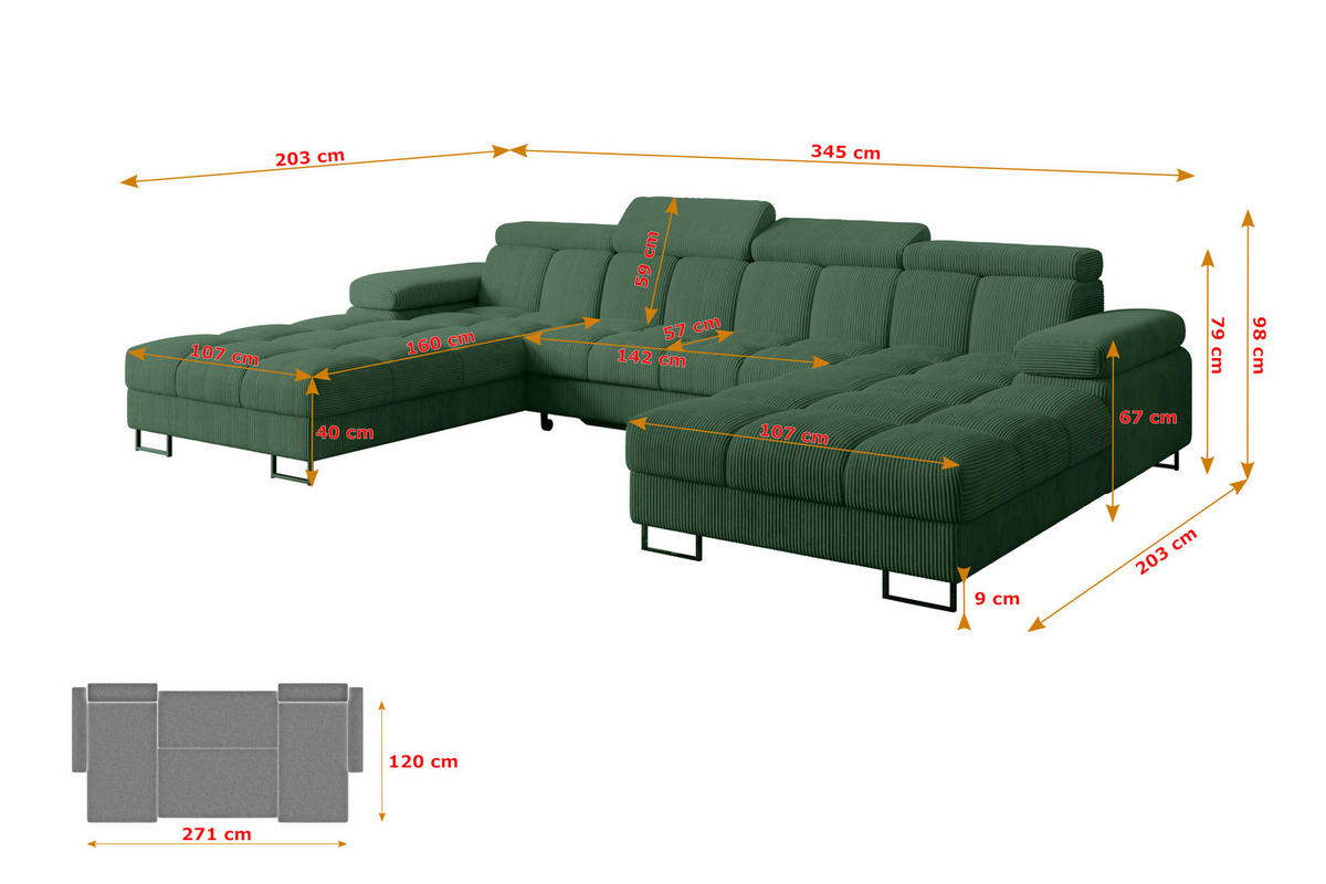WOHNLANDSCHAFT mit Schlaffunktion und Bettkasten COMA U2 345x203x79 Grün Cord - Waldgrün, Holzwerkstoff/Textil (345/79/203cm) - ALTDECOR