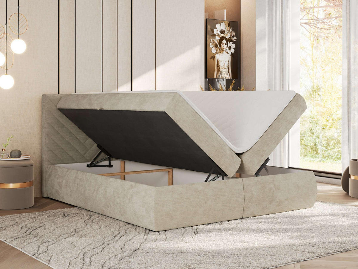 BOXBETT AVERTA 160/200 - Beige Schenille glatt - H3 - Beige, Textil (160/200cm) - MKS