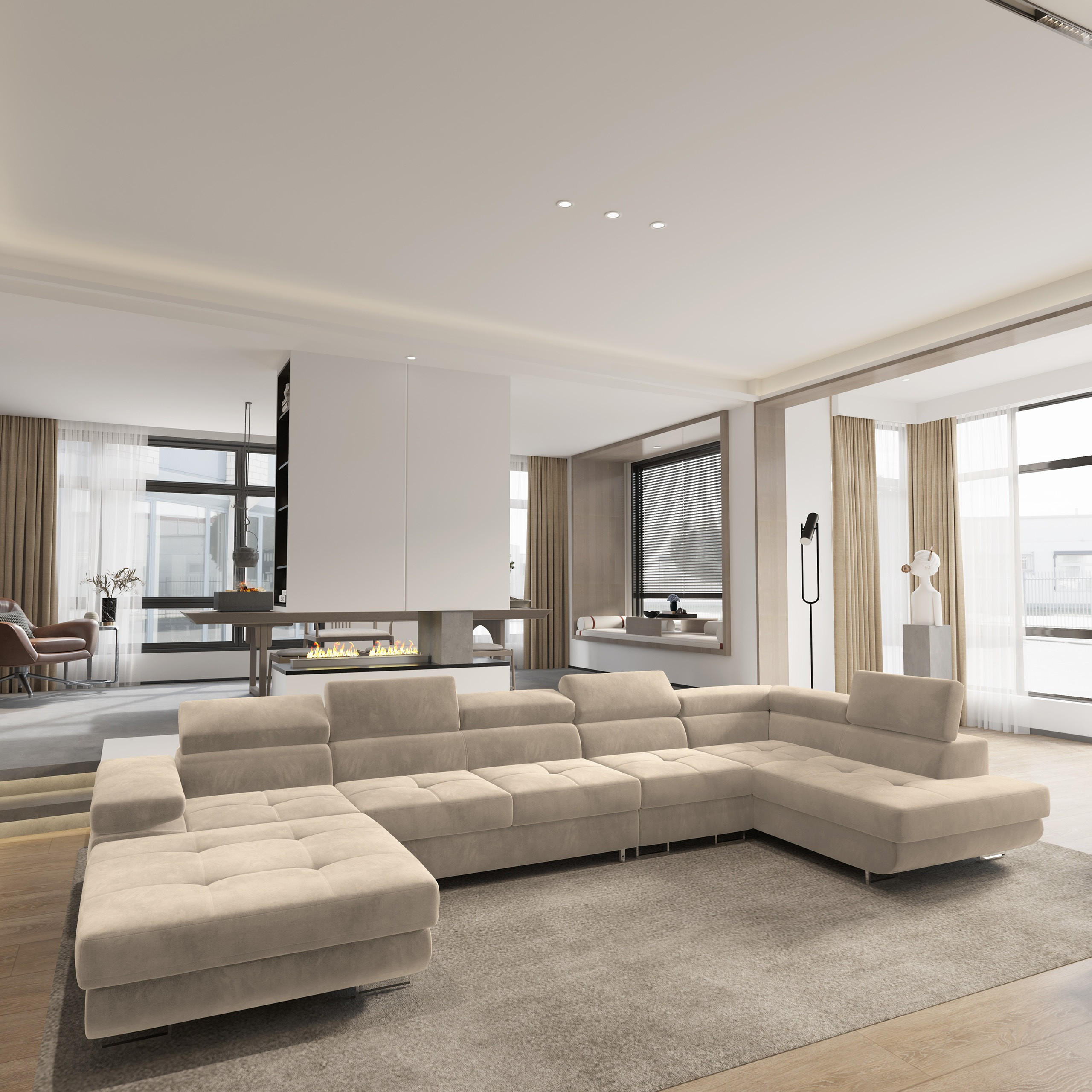 WOHNLANDSCHAFT VELORA R-S Creme Velours-Stoff mit Schlaffunktion - Creme, Holz (419/90/202cm) - MASSENO