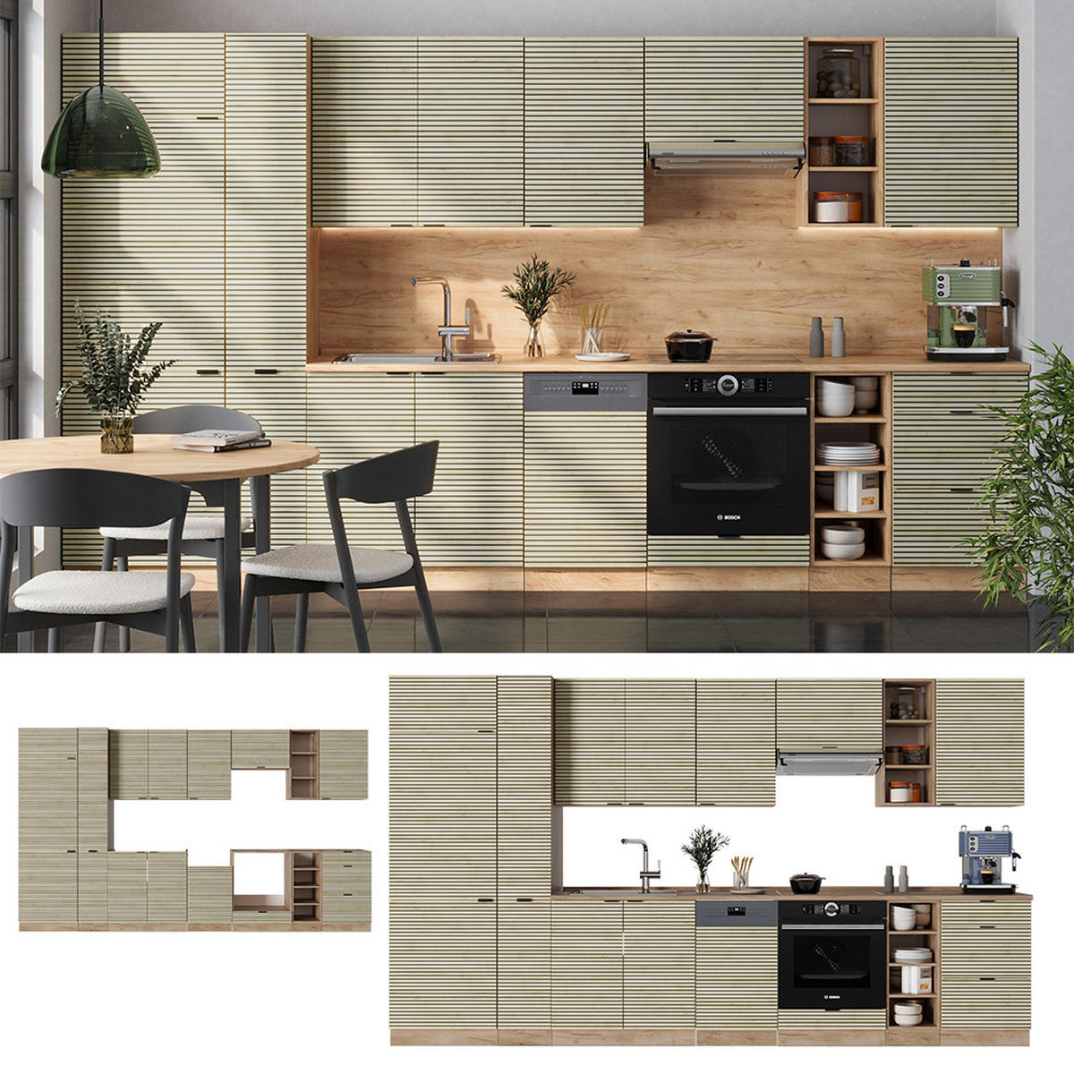 KÜCHENZEILE Fame-Line Eiche Paneel/Goldkraft Eiche 355 cm ohne Arbeitsplatte - Hellbraun/Eiche Wotan, Holzwerkstoff (355/81.6/46cm) - Vicco