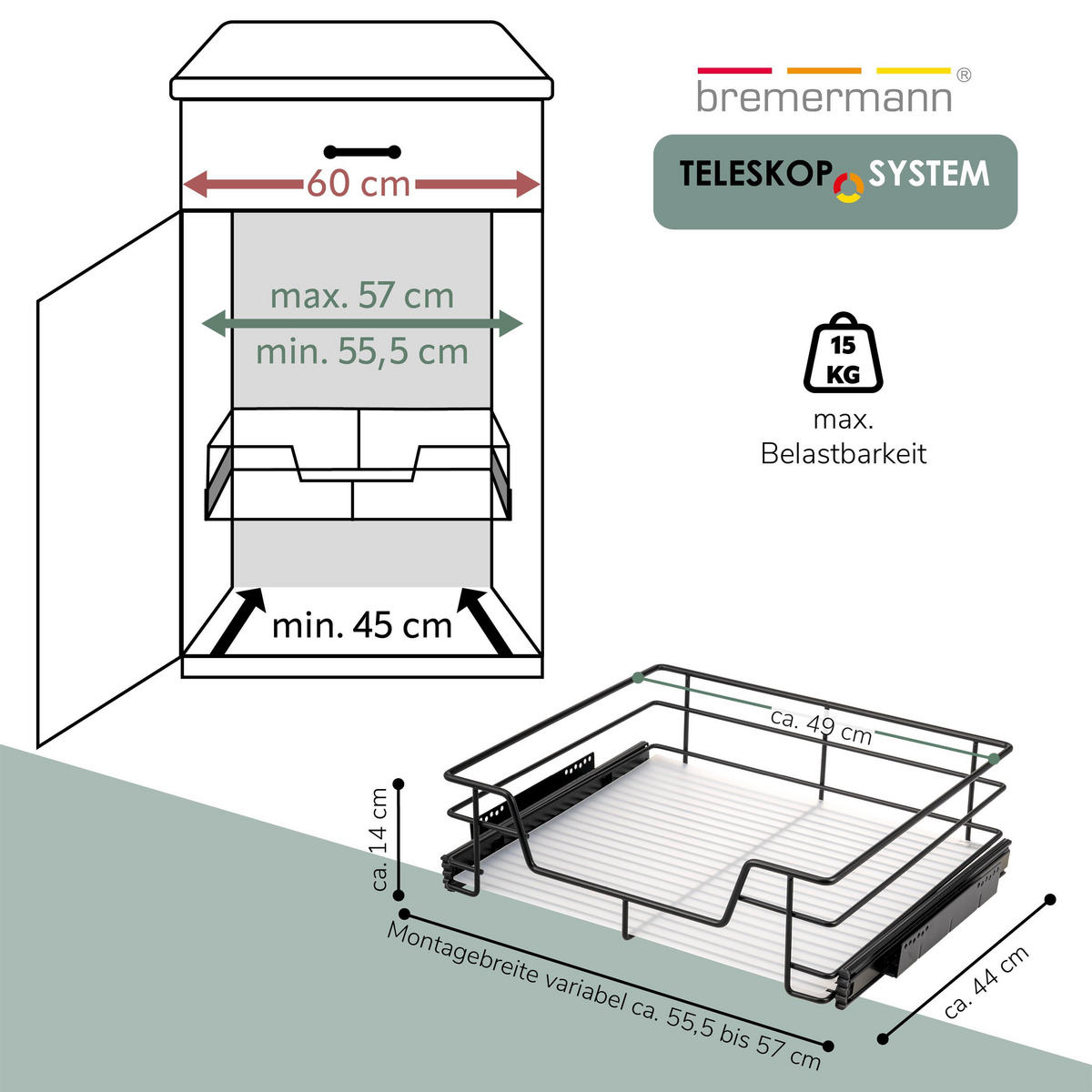 TELESKOPSCHUBLADE, schwarz, Metall - Schwarz, Metall (57/14/44cm) - bremermann