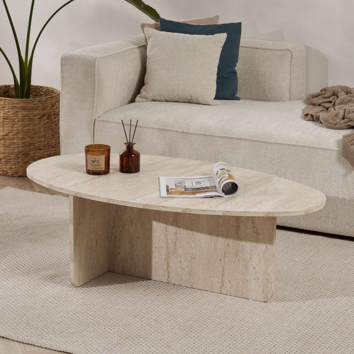 COUCHTISCH mit ovaler Platte L125 cm 65/120/40 cm - Beige, Holzwerkstoff (70/65/40cm) - Calicosy