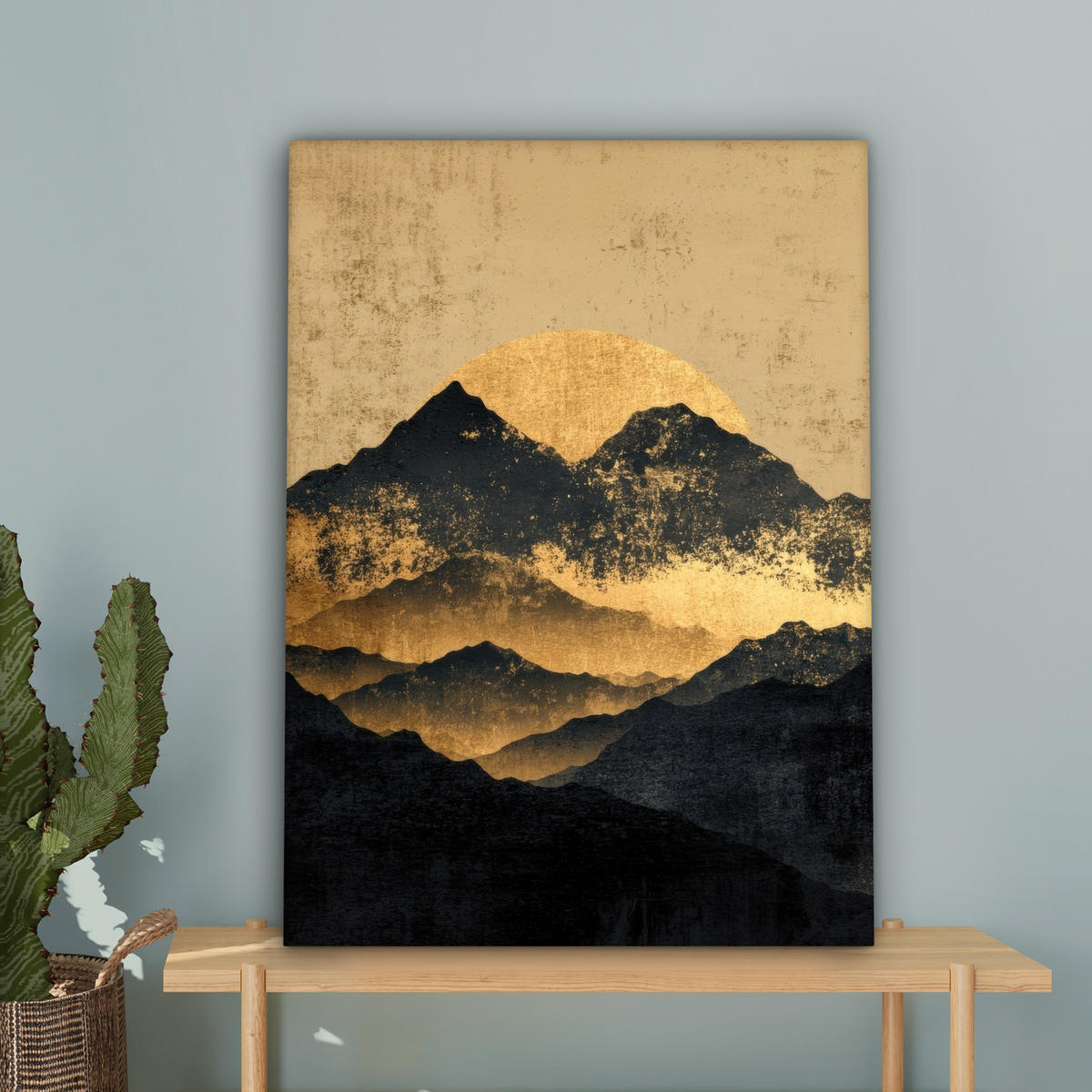 LEINWANDBILD Goldene Berge bei Mondschein Wandbild Wohnzimmer 60x80 cm - Goldfarben, Textil (60/80cm) - MuchoWow