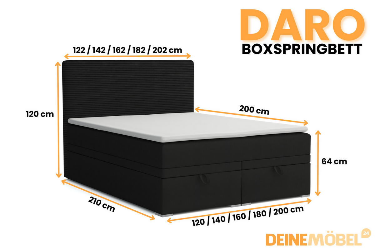BOXBETT DARO 160/200 in Velour/Cord Schwarz - Schwarz, Holz/Holzwerkstoff (160/200cm) - Deine Möbel 24