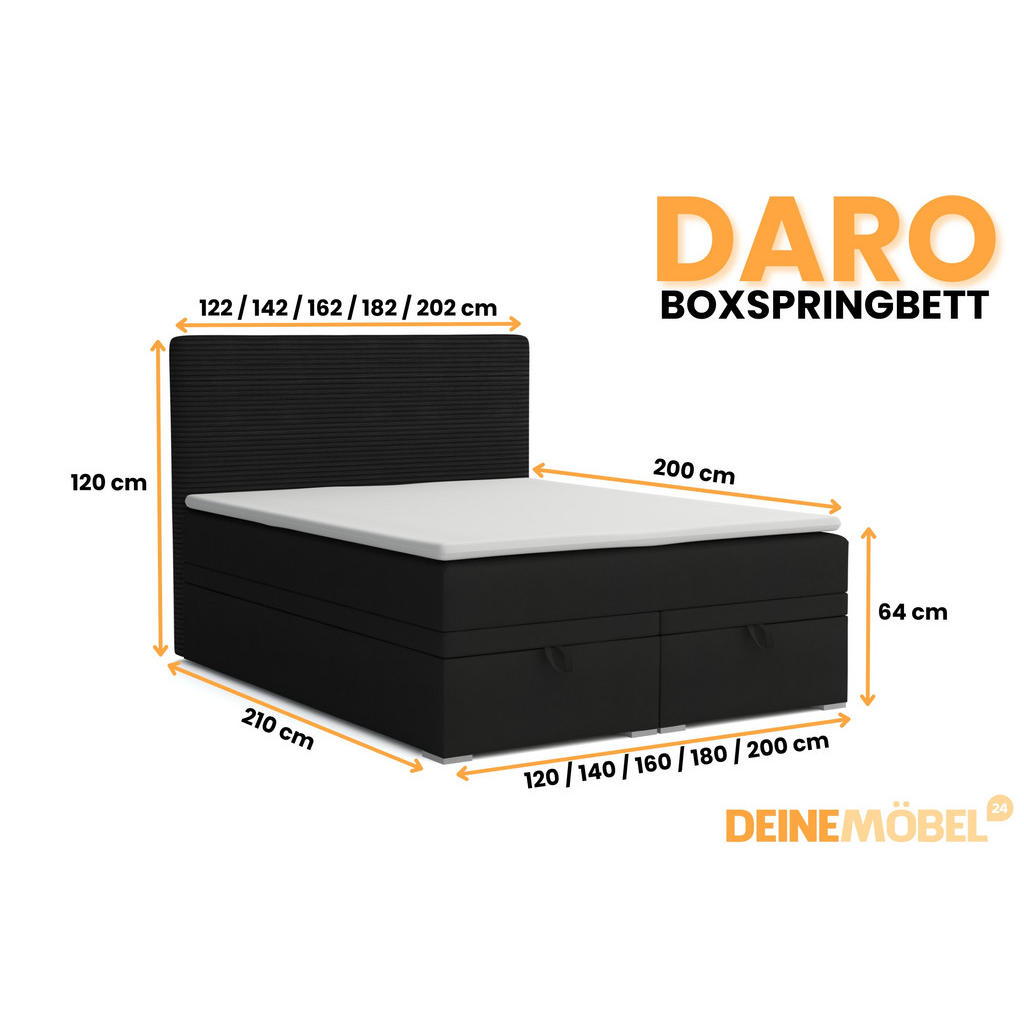 Thumbnail - Deine Möbel 24 Boxbett, Schwarz, Textil, H4, Höhe ca. 19 cm, 180x200 cm, Schlafzimmer, Betten, Boxspringbetten