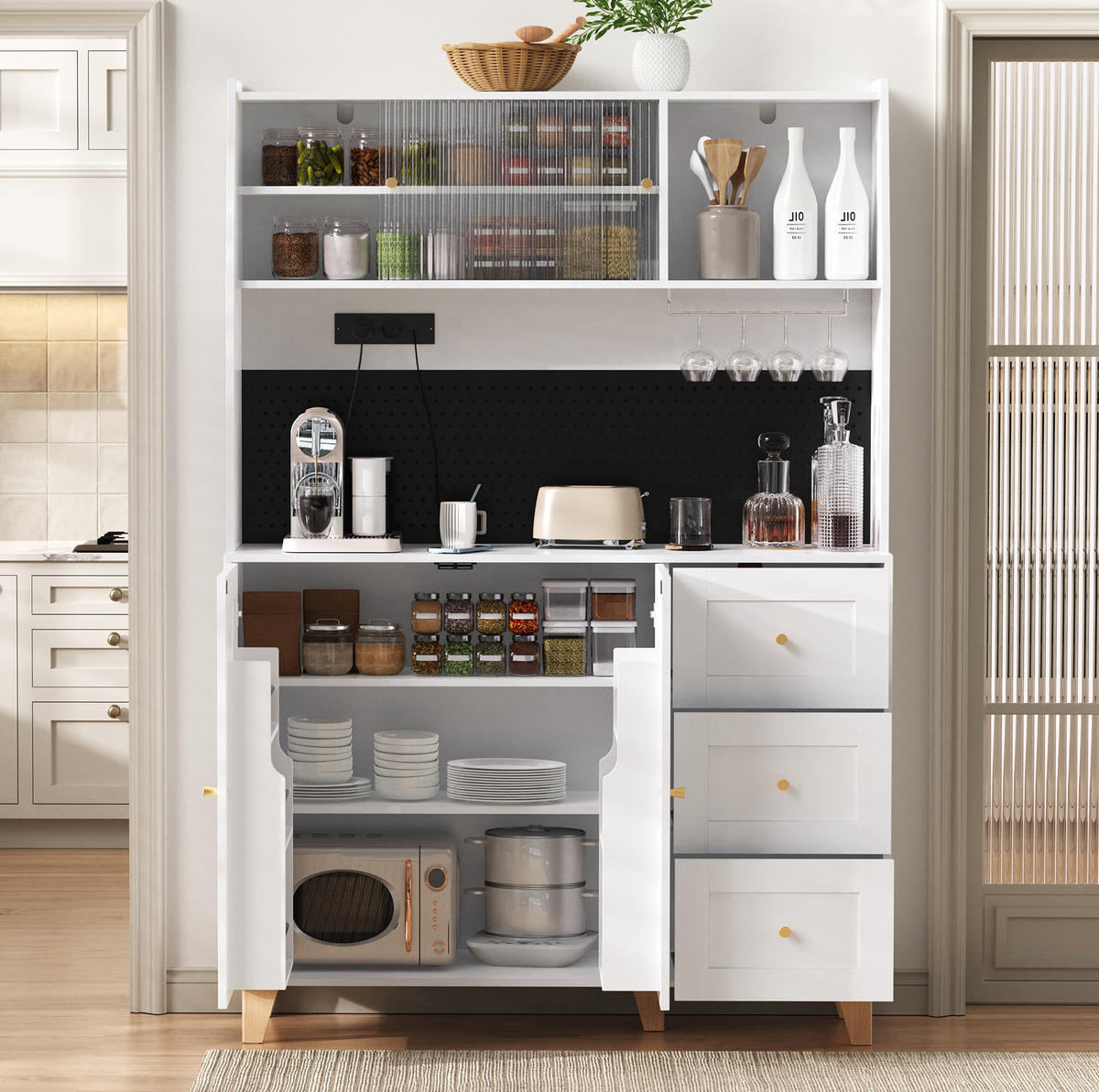 BUFFET 120/40/184 cm weiß aus MDF mit Steckdosen und Lochplatte - Weiß, Holzwerkstoff (120/184/40cm) - OKWISH