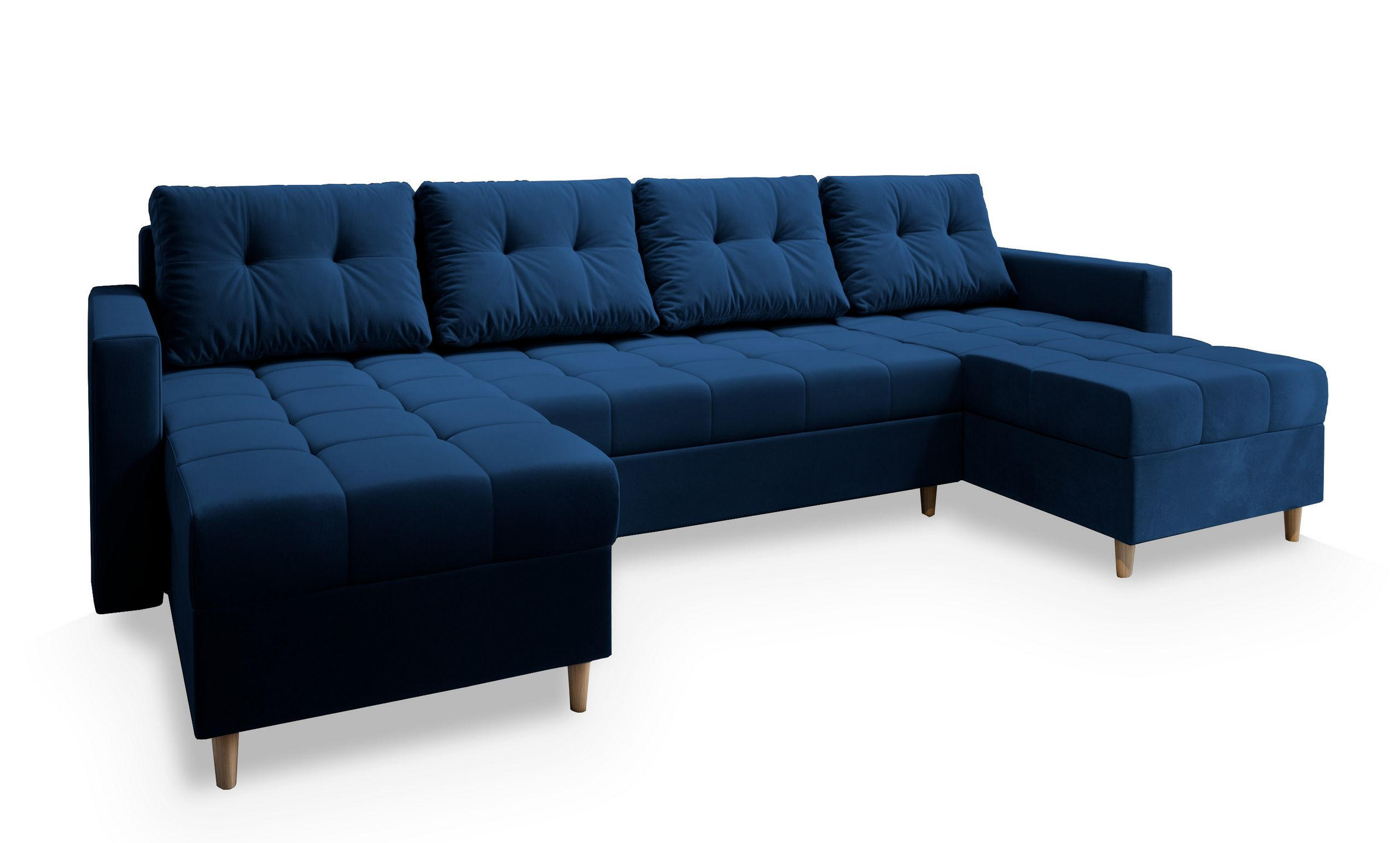 WOHNLANDSCHAFT MILO U Blau Plüsch-Stoff mit Schlaffunktion - Blau, Holz (285/91/140cm) - MASSENO