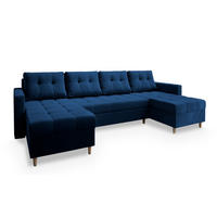 WOHNLANDSCHAFT MILO U Blau Plüsch-Stoff mit Schlaffunktion - Blau, Holz (285/91/140cm) - MASSENO