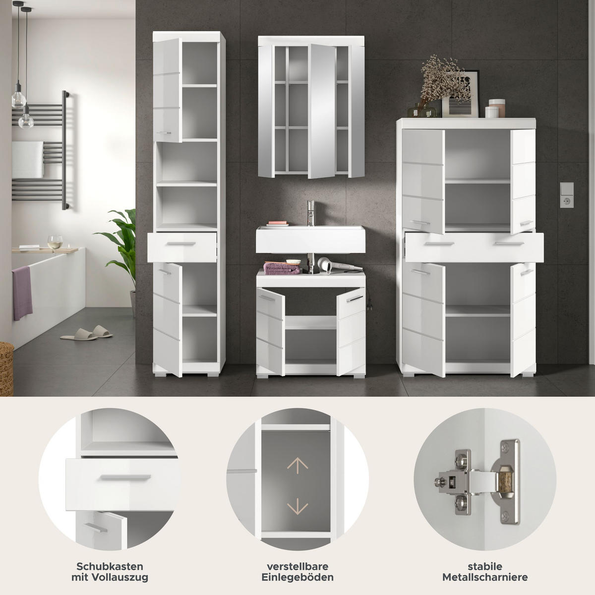 BADKOMBINATION 4tlg. Scout Bad in weiß Nachbildung und weiß hochglanz B/H/T: 186x191x34 cm - Weiß, Holz (186/191/34cm)