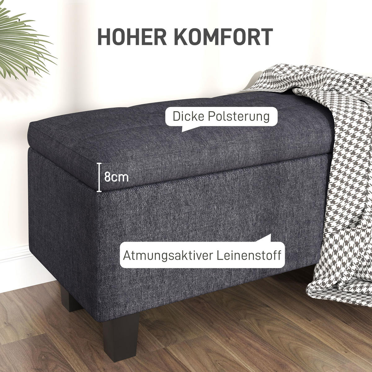 TRUHENBANK mit Stauraum, Polsterbank mit Leinenoptik, Holzbeine, Dunkelgrau - Dunkelgrau, Textil (40/45/138cm) - HOMCOM