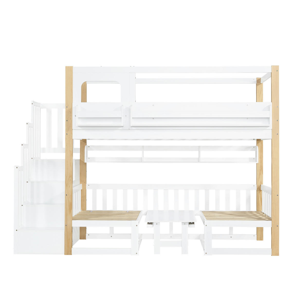 ETAGENBETT aus Kiefernholz 90x200 cm Weiß/Natur mit Stauraumtreppe und Klapptisch - Weiß, Holzwerkstoff (90/200cm) - IVMEU