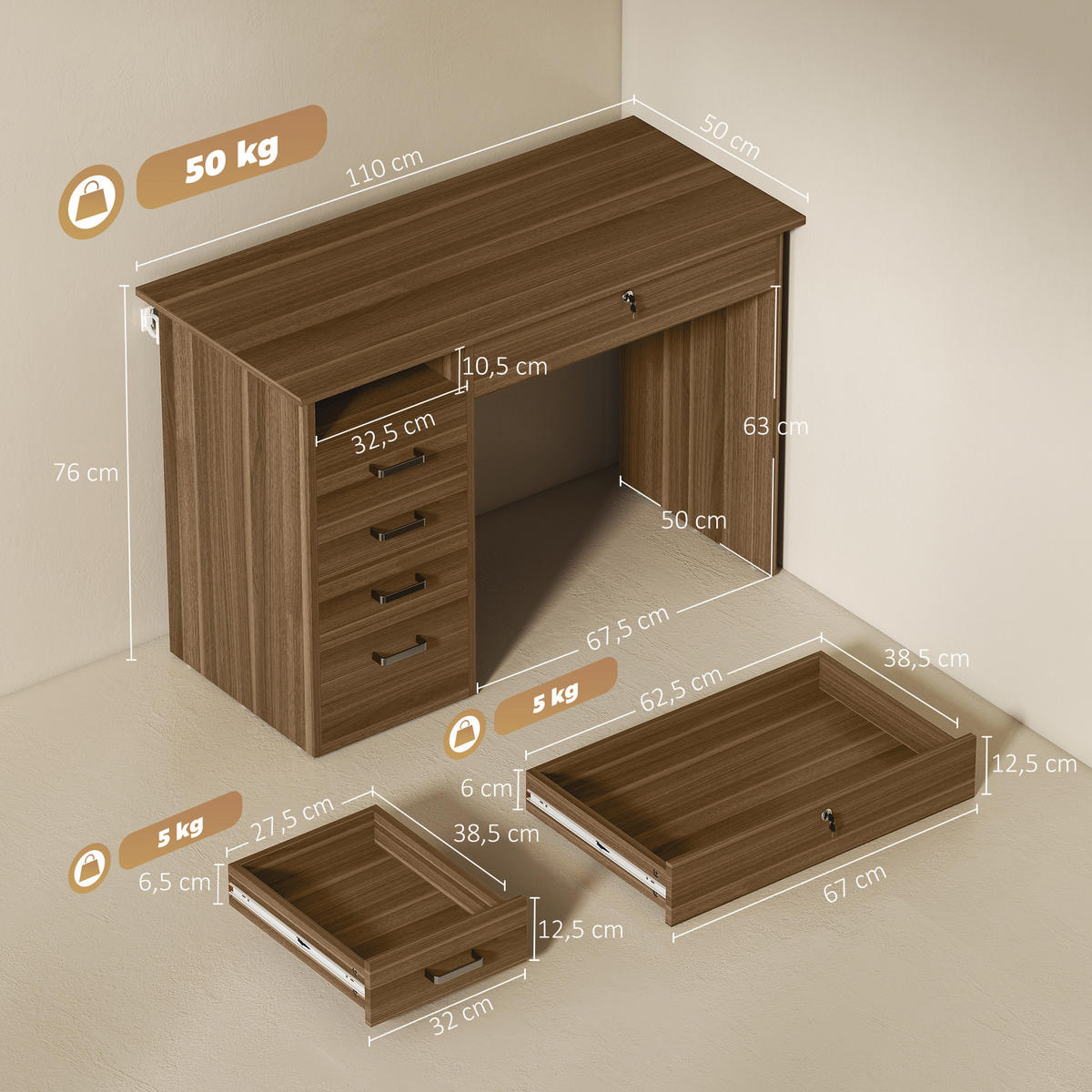 SCHREIBTISCH PANG-M4K9B2 Nussbaumfarben - Silberfarben/Nussbaumfarben, Holzwerkstoff (110/50/76cm) - PANGIVO