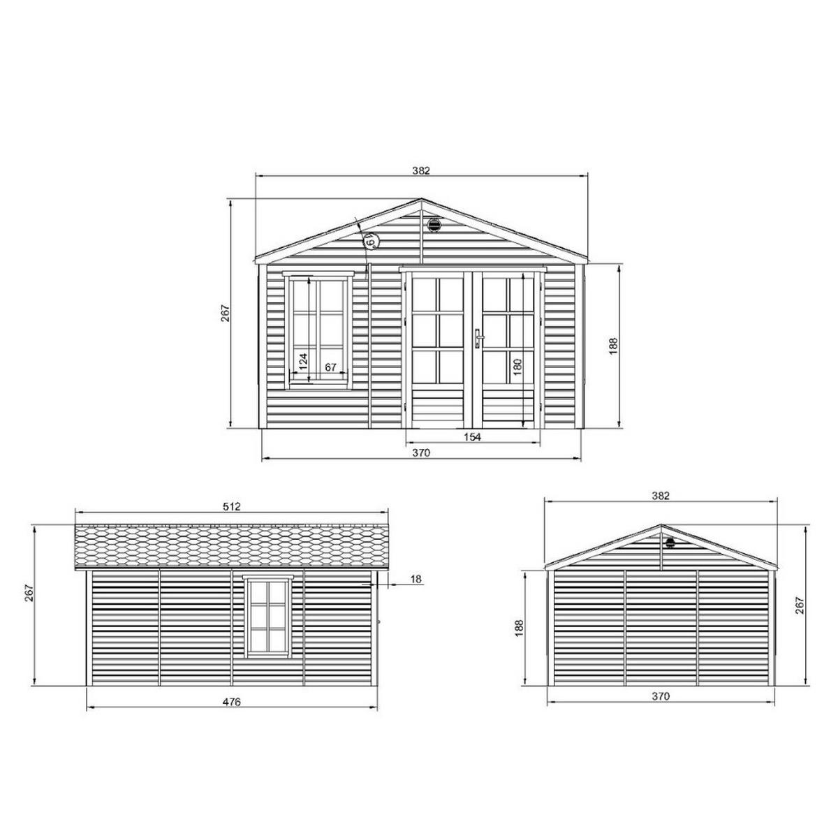 GARTENHAUS HOLZ M736A 370 x 480 cm - Naturfarben, Holz (382/267/512cm) - Timbela