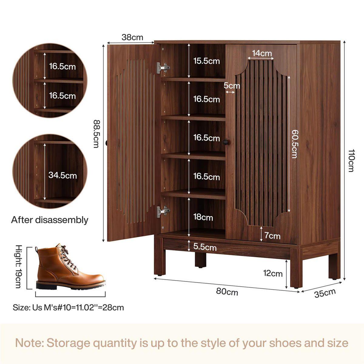 SCHUHSCHRANK Walnuss 5 Ebenen mit Türen - Braun, Holz (80/110/35cm) - Kaket