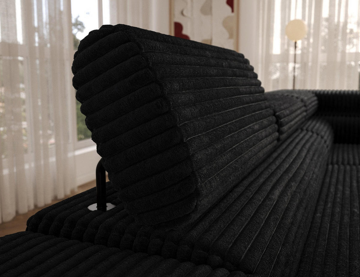 ECKSOFA COLESIO L-Form, Schlaffunktion, Bettkasten, verstellbare Kopfstützen, Wellenfederung, Metallfüße, breiter Cordstoff - Schwarz, Kunststoff/Metall (204/269cm) - Wohnideebilder