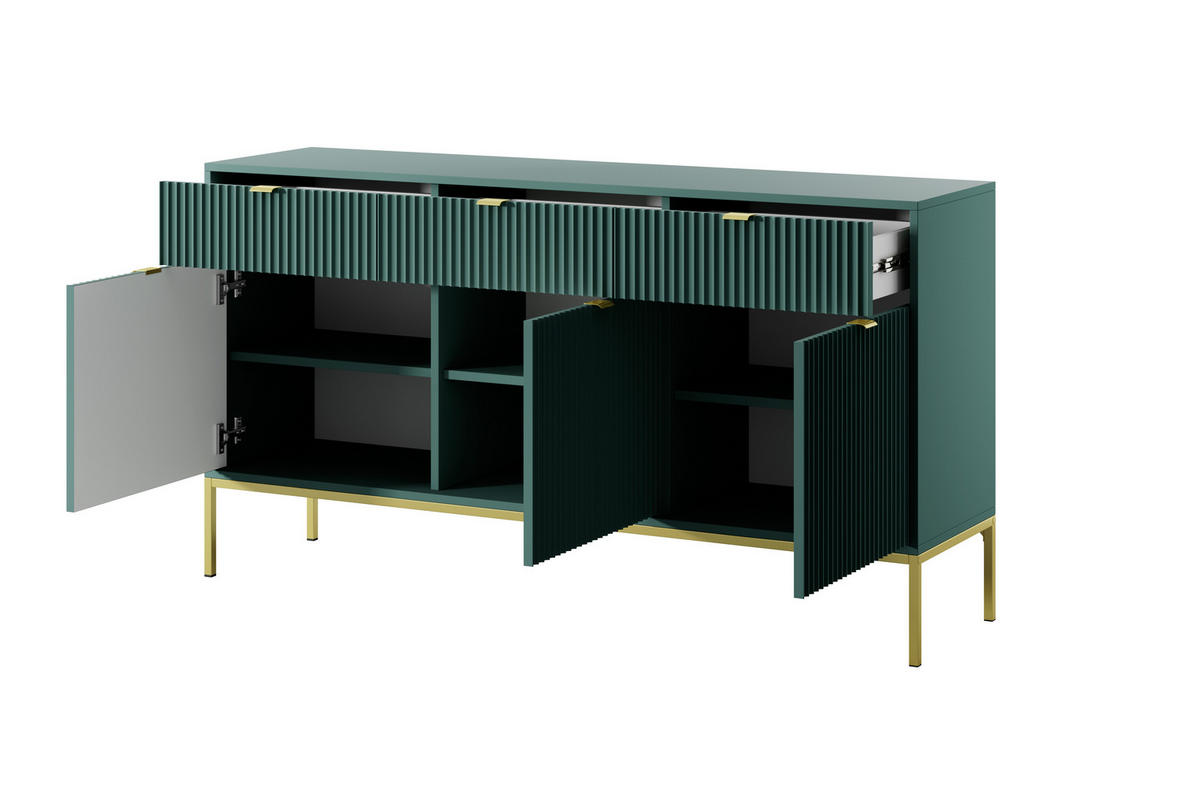 KOMMODE NOVA - KSZ154, Geriffelte Fronten, goldene Griffe 154x39x83 cm Lablador - Türkis/Goldfarben, Holzwerkstoff/Kunststoff (154/83/39cm) - DomoHome