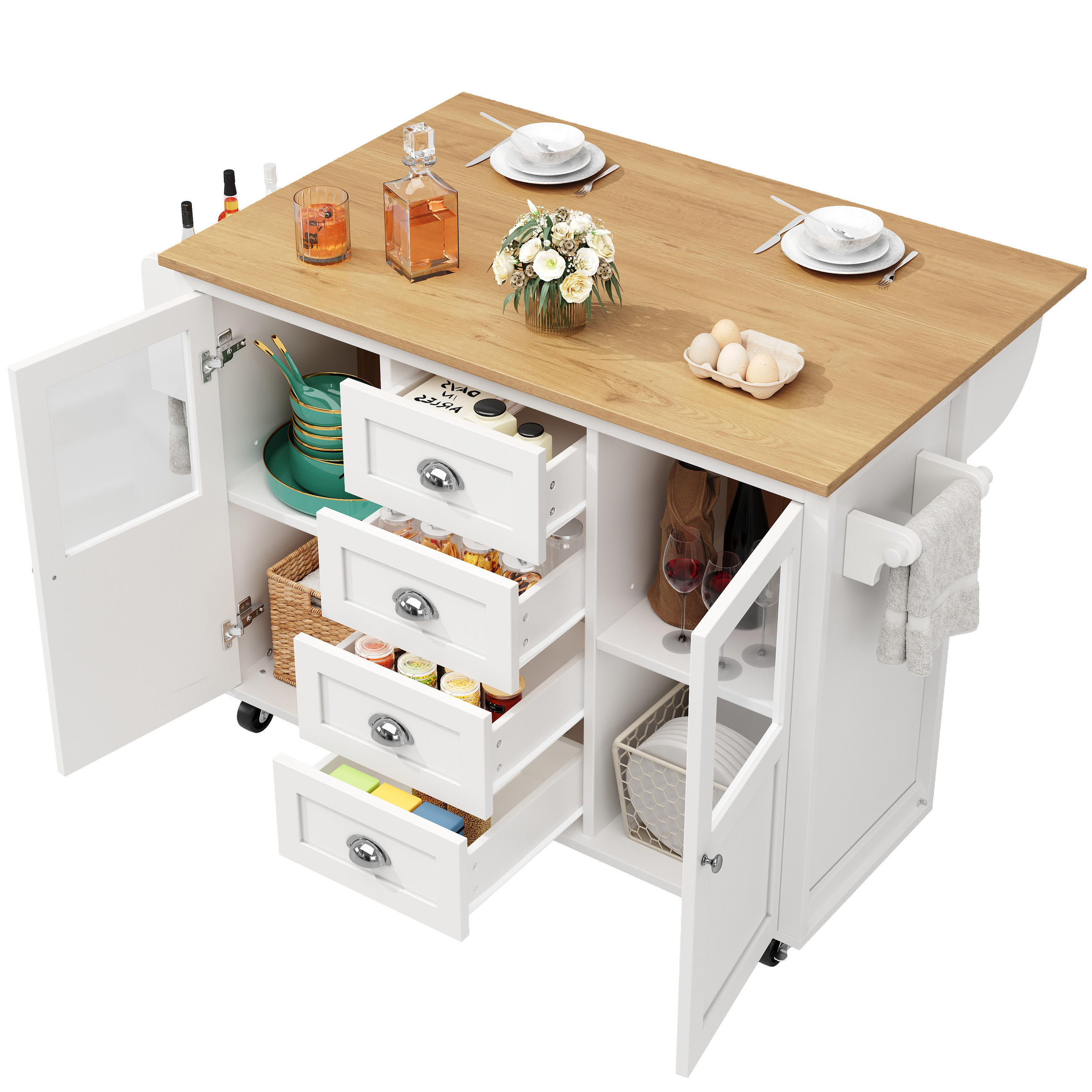 KÜCHENINSEL 137,9/73/92,5 cm weiß aus MDF und Metall mit Klapptisch - Weiß, Holzwerkstoff (137.9/92.5/73cm) - OKWISH