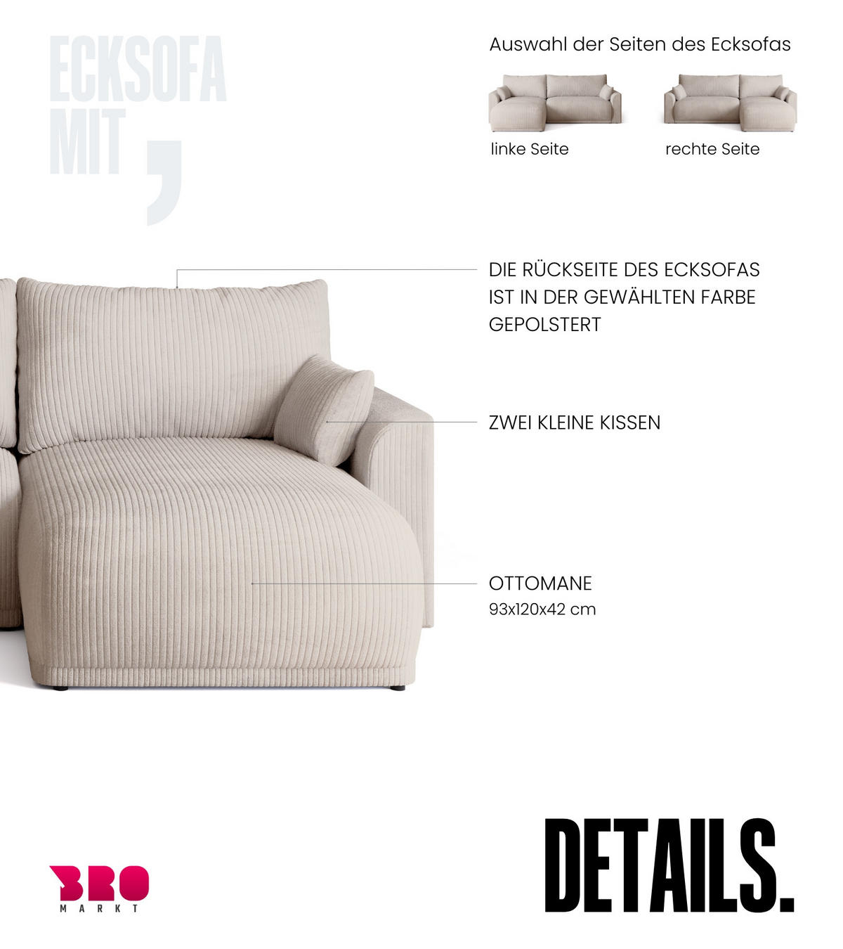 ECKSOFA MORENO mit Schlaffunktion Vanille Cord - Creme, Textil (262/160cm) - Bromarkt