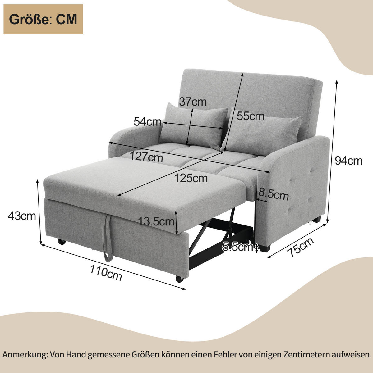 SCHLAFSOFA aus Baumwolle, Leinen, Holz und Metall 75x127x94 cm Antikgrau mit Schlaffunktion und verstellbarer Rückenlehne - Grau, Kunststoff (75/94/127cm) - Modfu