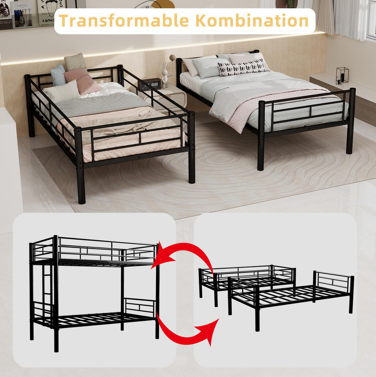 ETAGENBETT umbaubar 196/103/156 cm, Schwarz mit Leiter und Geländer - Schwarz, Metall (90/190cm) - MIVRAY
