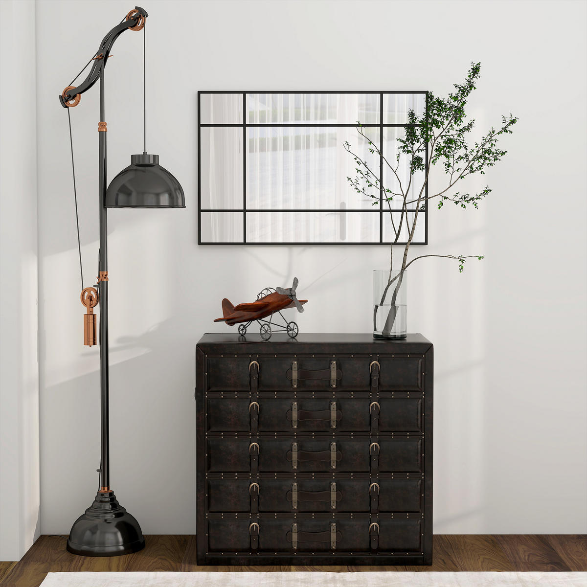 WANDSPIEGEL DE-14347 Fensterstil mit 4 Haken Schwarz - Schwarz, Glas (90/60/2cm) - ComfortXL