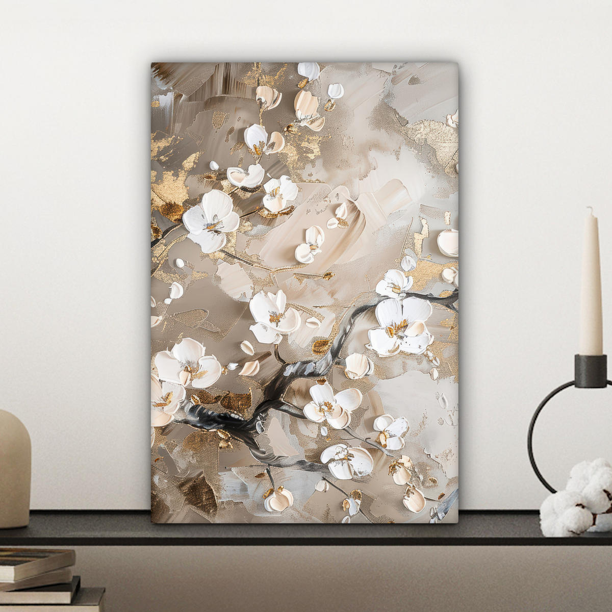 LEINWANDBILD - Blumen - Weiß - Gold - Beige - Luxus - 20x30 - Bilder - Greige, Textil (20/30cm) - MuchoWow