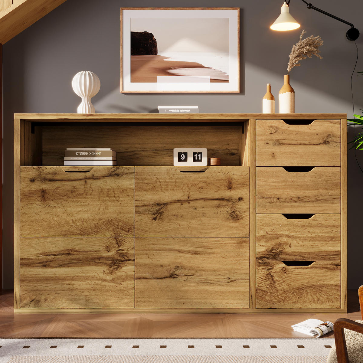 SIDEBOARD aus MDF und Metall 150x40x90 cm Eichefarben/Schwarz mit 2 Türen, 4 Schubladen, offenem Fach und Softclose - Eichefarben, Holzwerkstoff (150/90/40cm) - Modfu