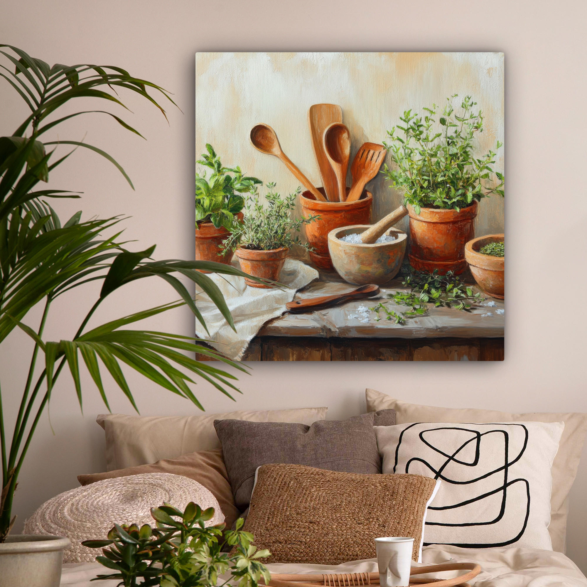 LEINWANDBILD Töpfe - Kräuter - Holz 90x90 cm - Terracotta, Textil (90/90cm) - MuchoWow