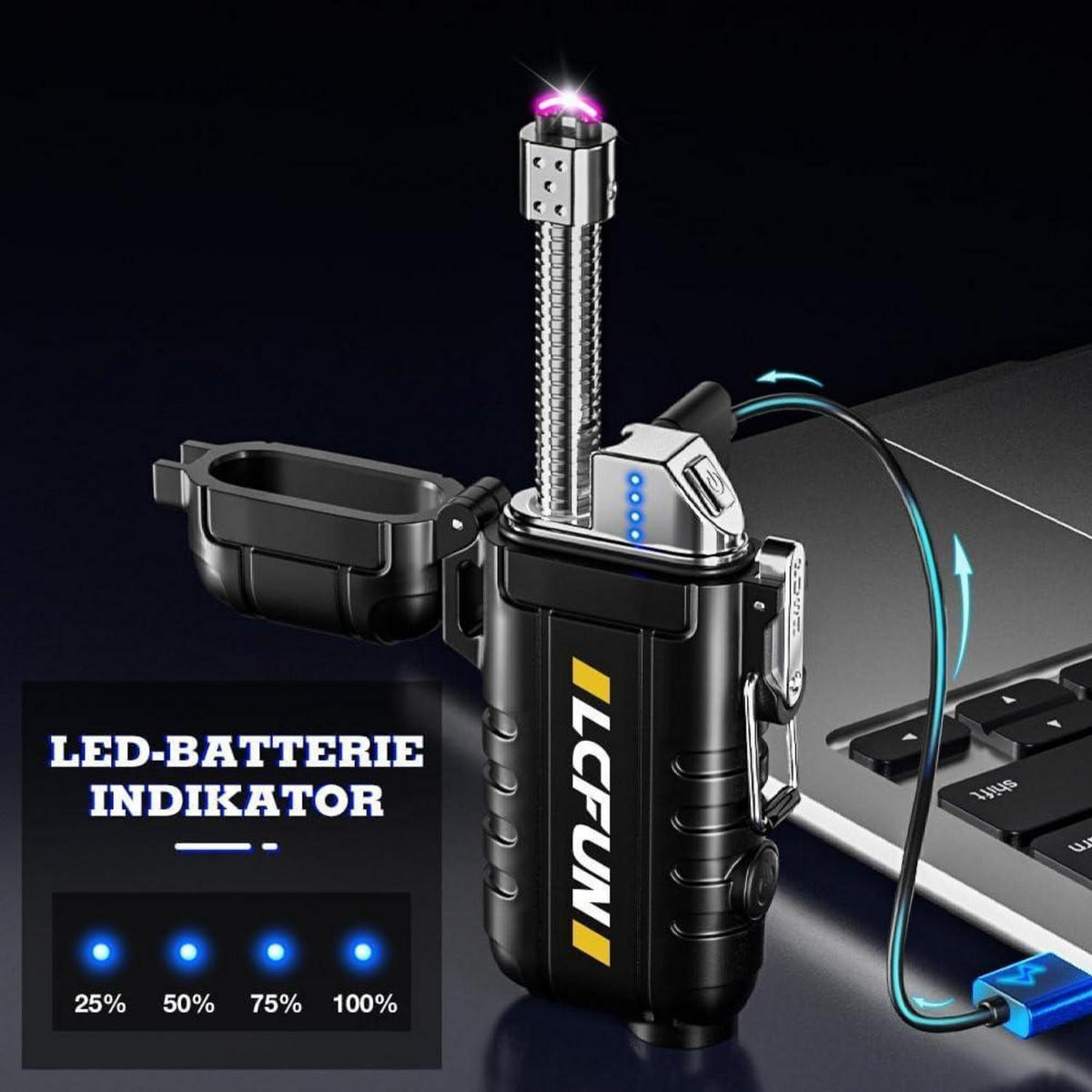ELEKTRISCHES Feuerzeug mit flexiblem Hals und LED-Anzeige Schwarz - Schwarz, Kunststoff (4.5/1.8/8cm)