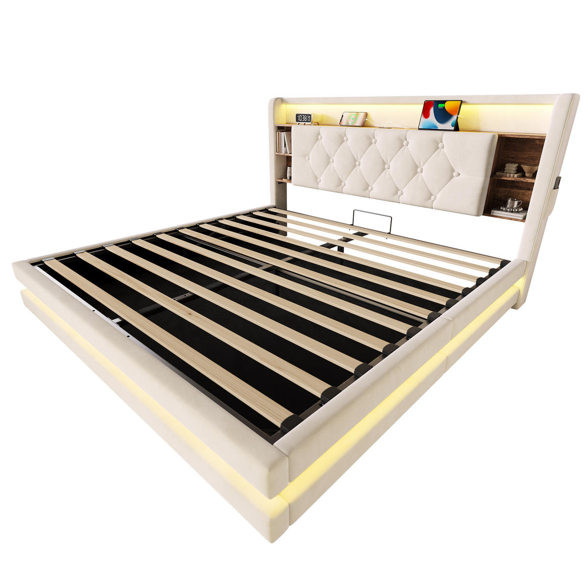 BOXBETT 160/200 mit LED/USB, Kopfteil-Regal & Hydraulik, Samt, Beige - Beige, Holz (160/200cm) - LVHOM