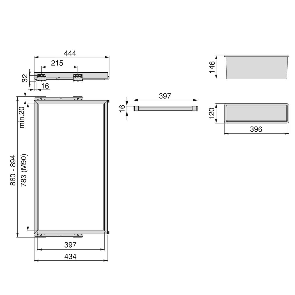 HOSENTRÄGER, 2 Ablagen und sanft schließendem Gleitrahmen für Kleiderschränke, verstellbar, Modul 900mm, Schwarz texturiert 7er-set - Schwarz, Kunststoff (89.4/4/43.4cm) - EMUCA