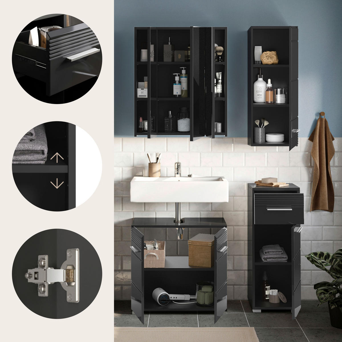 BADMÖBEL Set Linus 4tlg. Bad Kombination in Weiß o. Schwarz (B/H/T: 106x182x34 cm) - Schwarz, Holz (106/182/34cm)