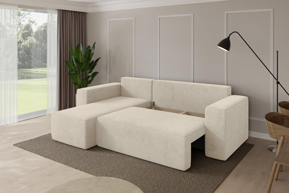 ROHOVÁ SEDAČKA s funkcí spaní, otoman vlevo SENO-L 249x139x85 krémová velur - černá/krémová, kompozitní dřevo/textil (249/139cm) - ALTDECOR
