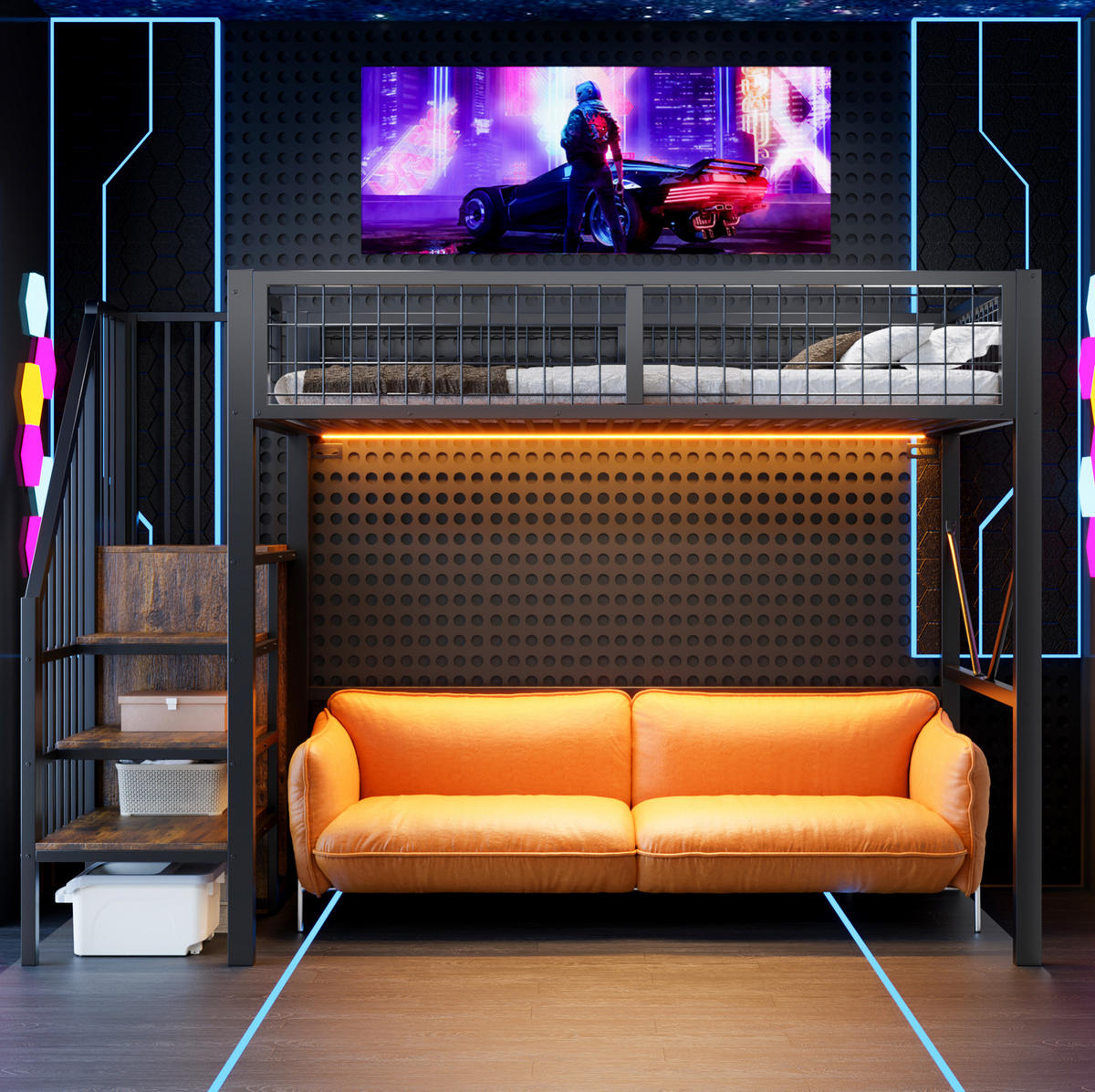 HOCHBETT aus Metall und Holz 90x200 cm Schwarz mit Stauraumleiter und LED-Beleuchtung - Schwarz, Metall (90/200cm) - Modfu