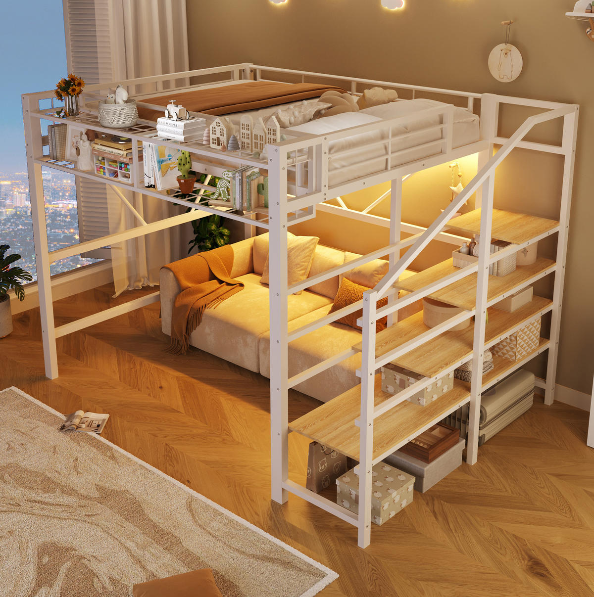 HOCHBETT 140/200 cm Weiß mit LED ohne Matratze - Weiß, Metall (140/200cm) - MIVRAY