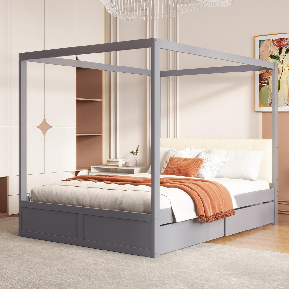 KINDERBETT 140/200 cm mit Zeltdesign, gepolsterter Rückenlehne und 2 Schubladen, Weiß/Grau - Grau, Holzwerkstoff (140/200cm) - Redom