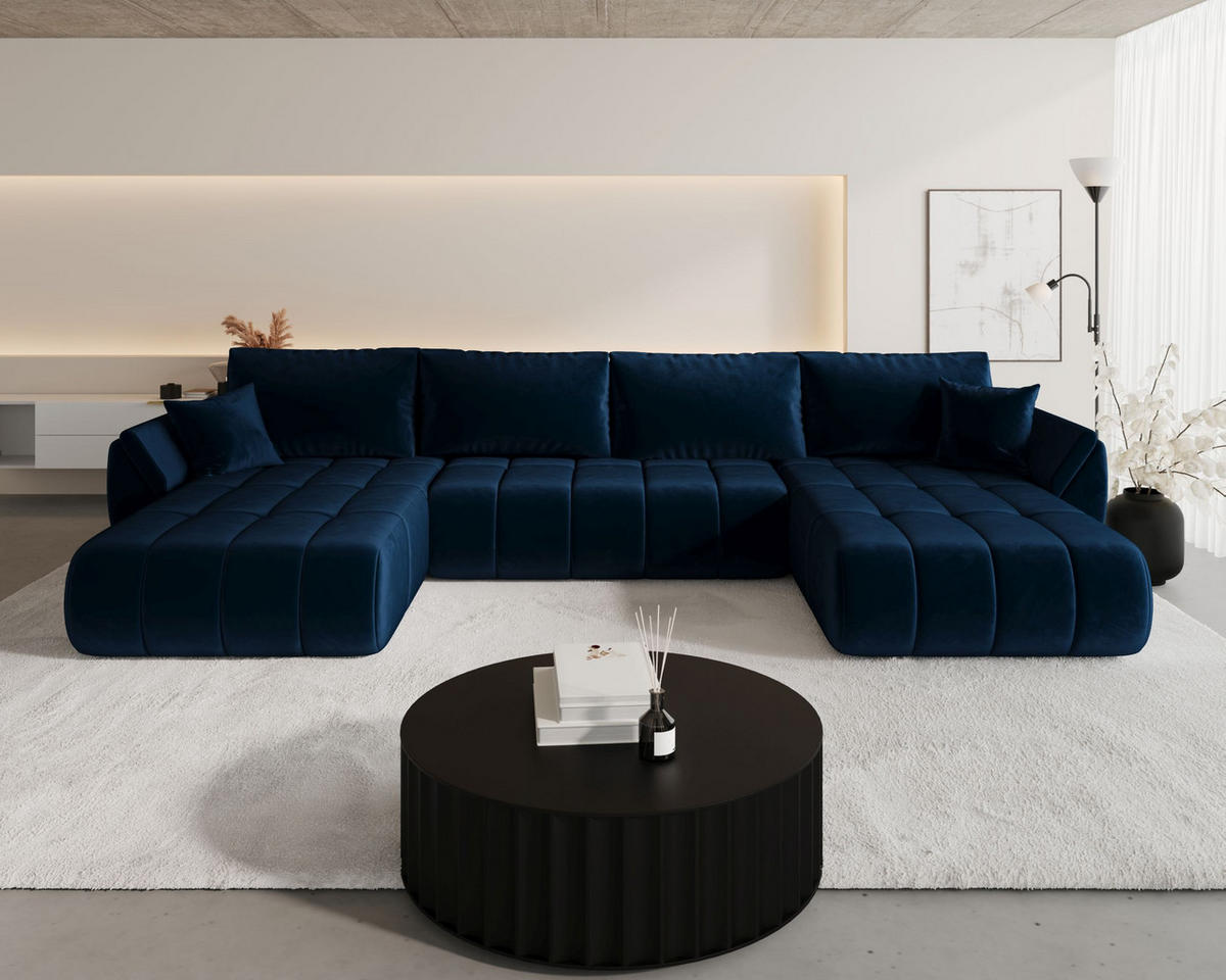 WOHNLANDSCHAFT SYDNEY PREMIUM U-Form dunkelblau Velours Monolith 77 - Schlaffunktion, Bettkasten - Dunkelblau, Textil (385/85/175cm) - Cornero