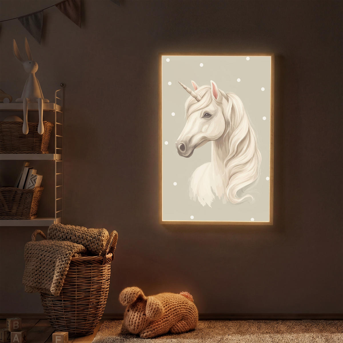 NÁSTĚNNÁ LAMPA S AKUMULÁTOREM Jednorožec - bílý - tečky 60x90 cm - šedohnědá, kompozitní dřevo (60/90/8cm) - OnlyWow