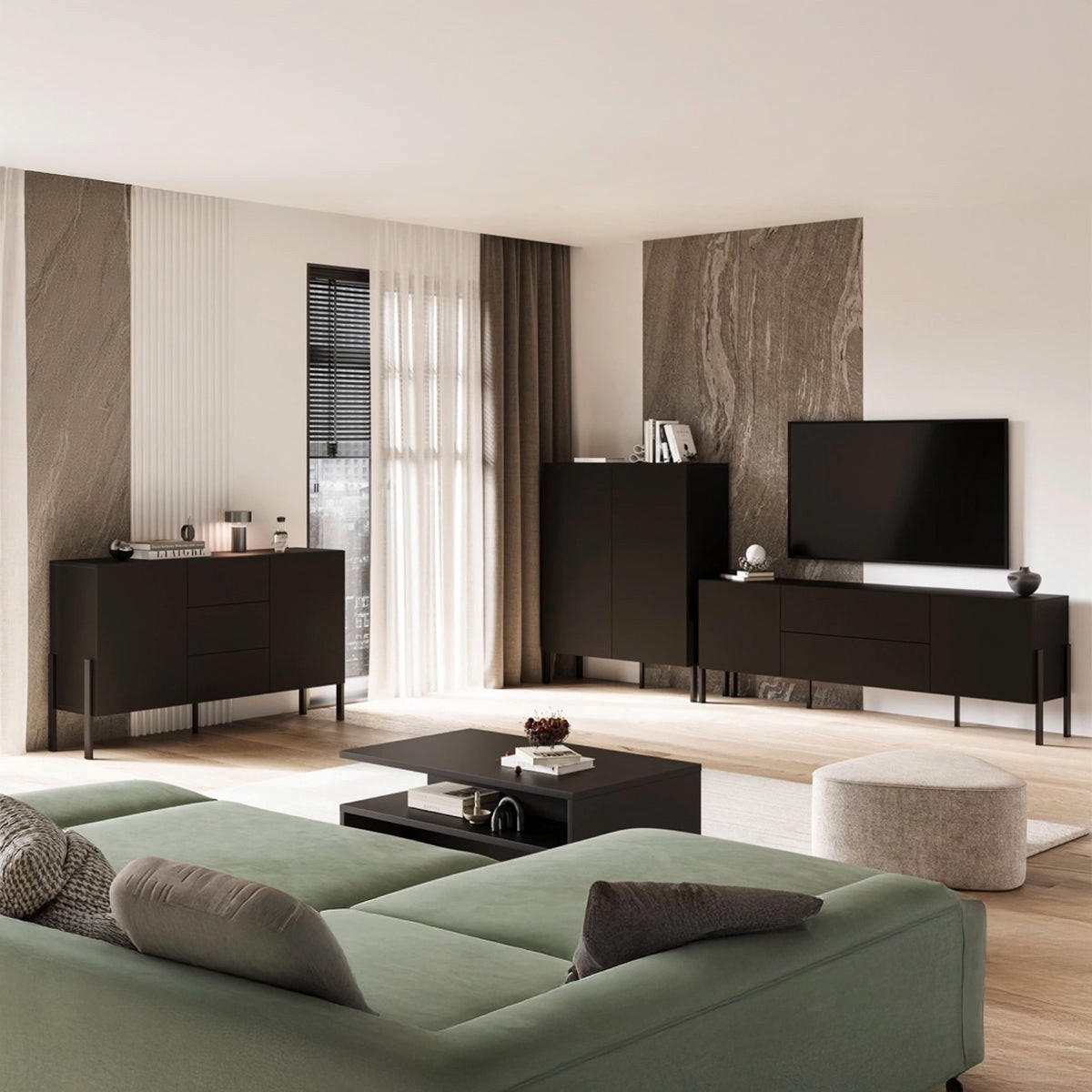 TV STOLEK Bérénice Černá - černá, kompozitní dřevo (204/70/40cm) - Petits-meubles